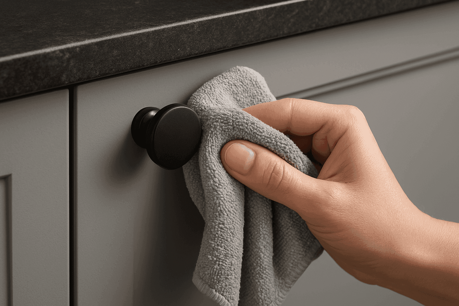Schwarzer Knopfgriff an Küchenfront wird mit einem Tuch gereinigt.
