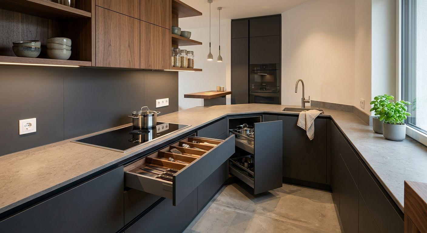 Maßangefertigte moderne Küche mit dunklen Unterschränken, Holzoberschränken, offenem Besteckfach, integriertem Backofen und großem Fenster mit Pflanzen auf der Arbeitsplatte.