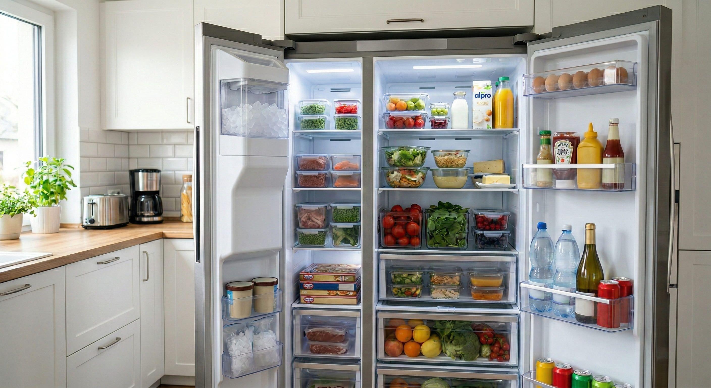 Geöffneter Side-by-Side-Kühlschrank mit übersichtlich sortierten Fächern, Eisbereich und LED-Innenbeleuchtung.
